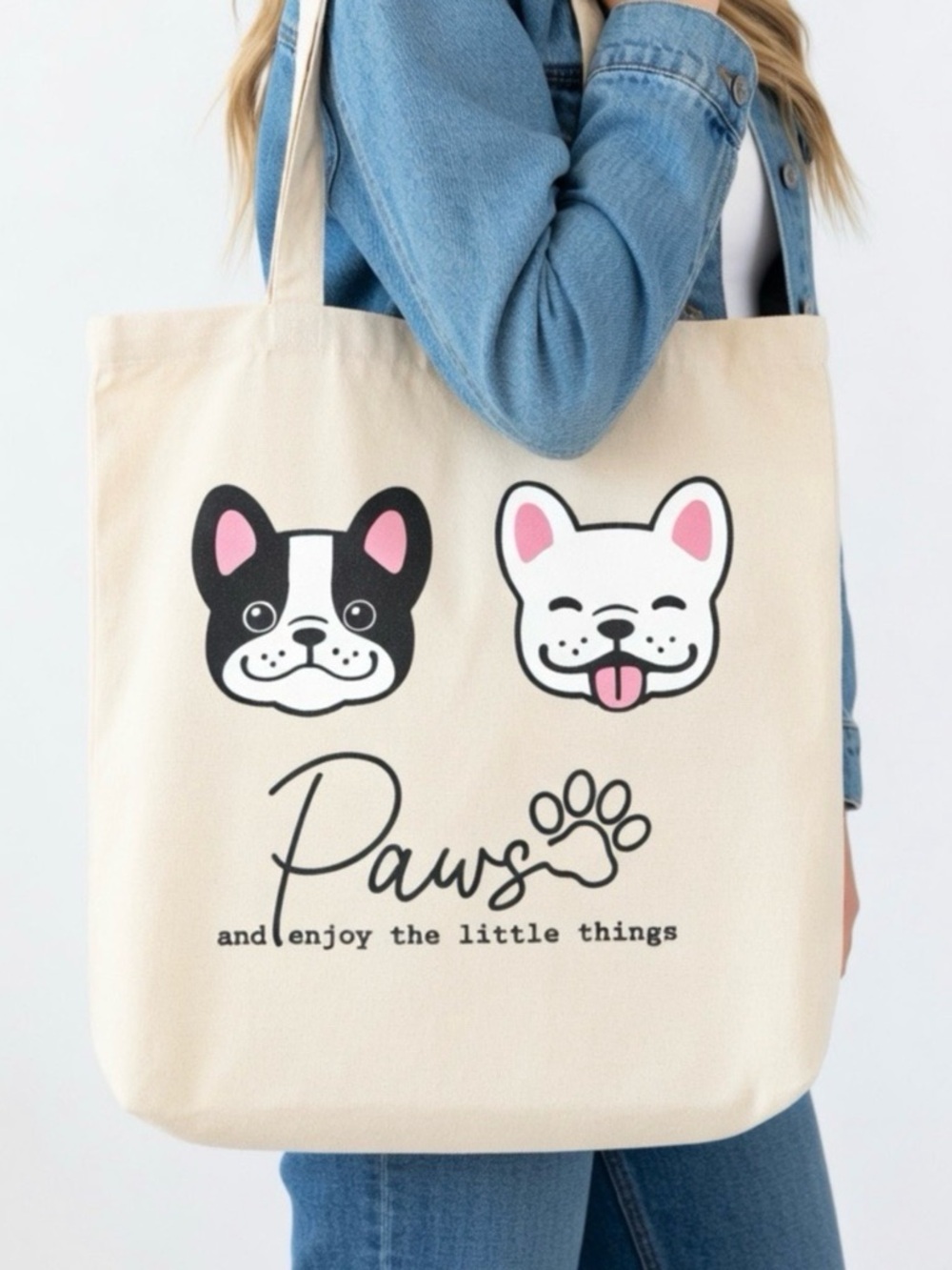 "Paws And Enjoy The Little Things" French Bulldogs Canvas Tote Bag-NWT